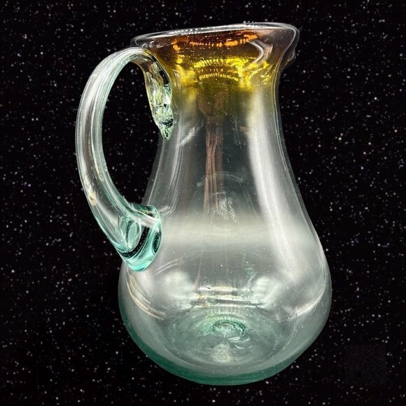 Handblown Art Glass Pitcher Clear w Brown Ombre Applied Handle 9”T 5”W - Picture 5 of 12